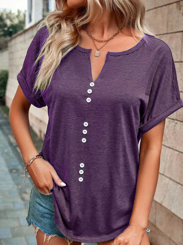Women's V-Neck Button Short Sleeve Top in 8 Colors Sizes 4-18 - Wazzi's Wear