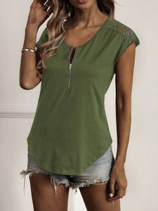 Women's Round Neck Short Sleeve T-Shirt with Half Zipper and Lace Detail in 10 Colors Sizes 4-12