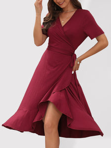 Women’s Solid V-Neck Short Sleeve Dress in 3 Colors S-XXL
