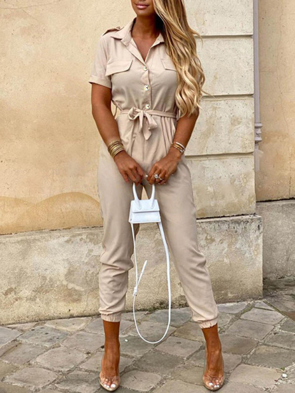 Women's Short Sleeve Cargo Jumpsuit with Belt and Lapel in 5 Colors Sizes 6-16 - Wazzi's Wear