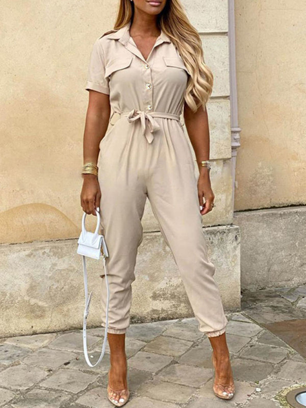 Women's Short Sleeve Cargo Jumpsuit with Belt and Lapel in 5 Colors Sizes 6-16 - Wazzi's Wear
