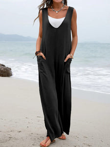 Women’s Solid Wide Leg Cotton Jumpsuit with Pockets in 5 Colors Sizes 4-24