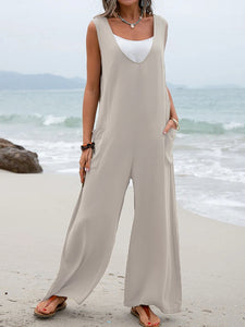 Women’s Solid Wide Leg Cotton Jumpsuit with Pockets in 5 Colors Sizes 4-24