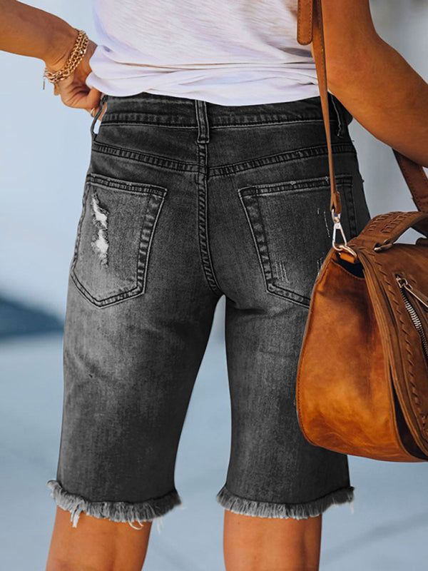 Women’s Ripped Mid-Thigh Jean Shorts in 3 Colors Sizes 4-22 - Wazzi's Wear