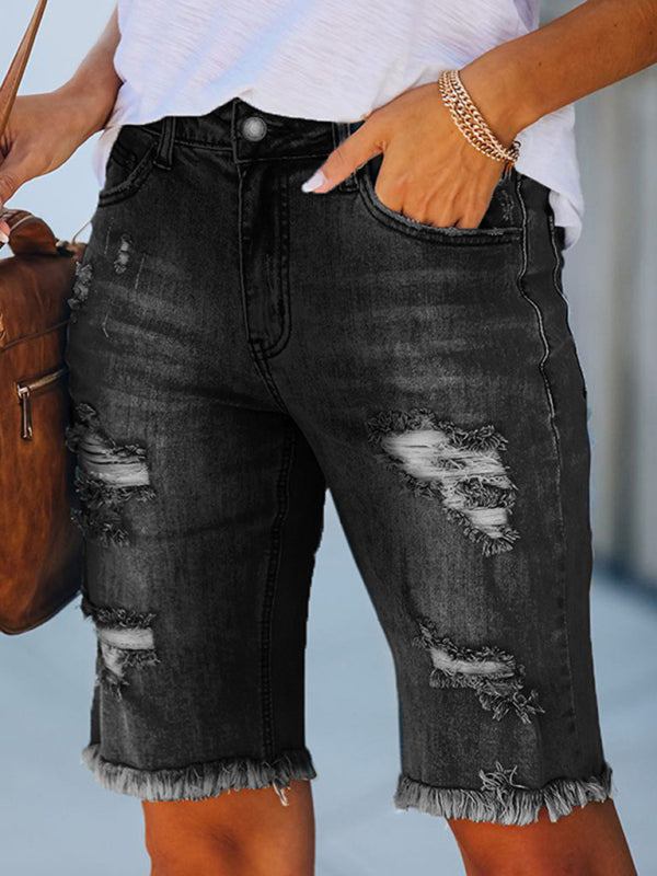 Women’s Ripped Mid-Thigh Jean Shorts in 3 Colors Sizes 4-22 - Wazzi's Wear