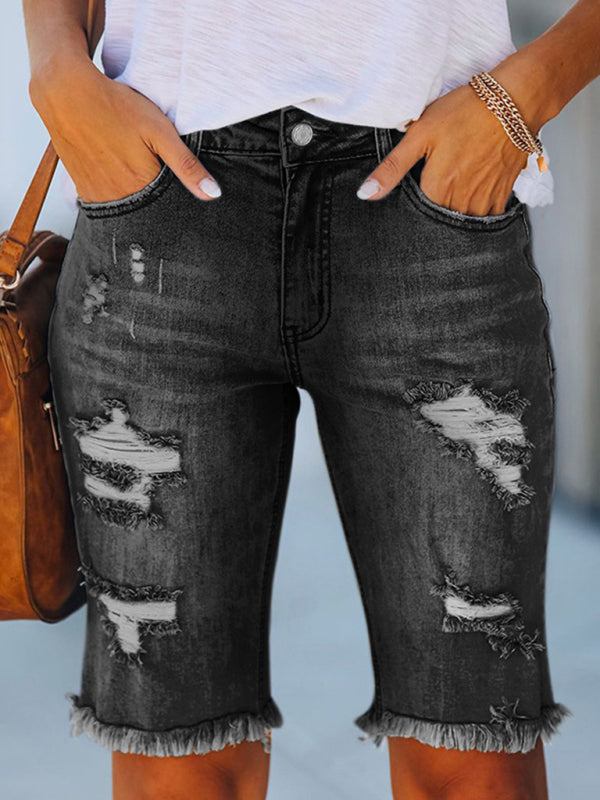 Women’s Ripped Mid-Thigh Jean Shorts in 3 Colors Sizes 4-22 - Wazzi's Wear