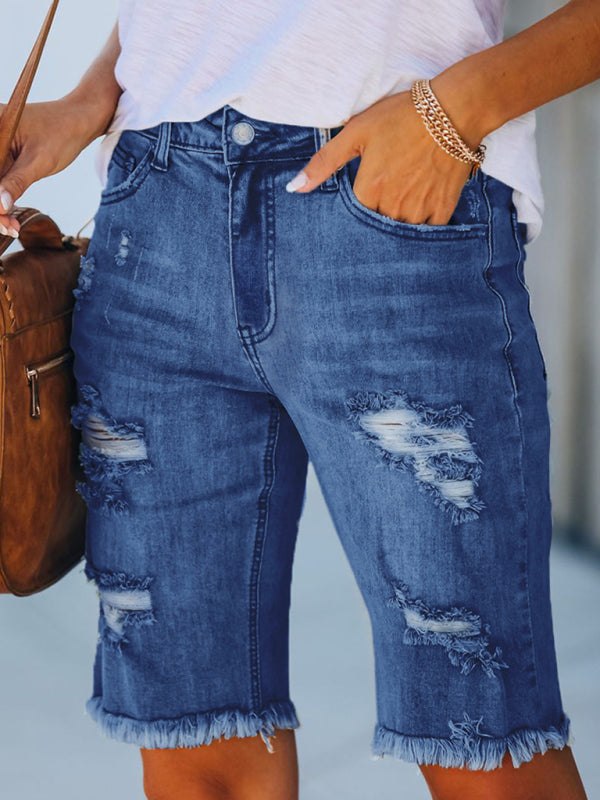 Women’s Ripped Mid-Thigh Jean Shorts in 3 Colors Sizes 4-22 - Wazzi's Wear