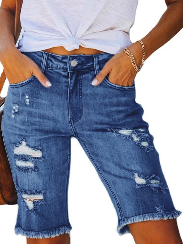 Women’s Ripped Mid-Thigh Jean Shorts in 3 Colors Sizes 4-22 - Wazzi's Wear