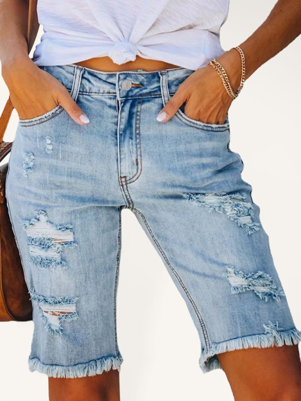 Women’s Ripped Mid-Thigh Jean Shorts in 3 Colors Sizes 4-22 - Wazzi's Wear
