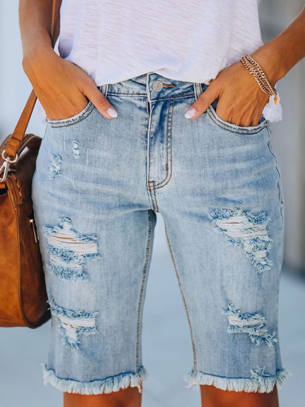 Women’s Ripped Mid-Thigh Jean Shorts in 3 Colors Sizes 4-22 - Wazzi's Wear