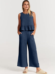 Women's Ruffle Sleeveless Top With Matching Wide-Leg Pants in 8 Colors Sizes 4-20