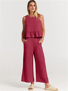 Women's Ruffle Sleeveless Top With Matching Wide-Leg Pants in 8 Colors Sizes 4-20