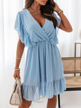 Load image into Gallery viewer, Women&#39;s Solid Faux Wrap Ruffled Mini Dress with Flutter Sleeves in 3 Colors Sizes 4-12