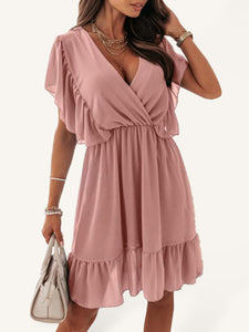 Women's Solid Faux Wrap Ruffled Mini Dress with Flutter Sleeves in 3 Colors Sizes 4-12
