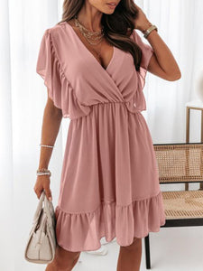 Women's Solid Faux Wrap Ruffled Mini Dress with Flutter Sleeves in 3 Colors Sizes 4-12