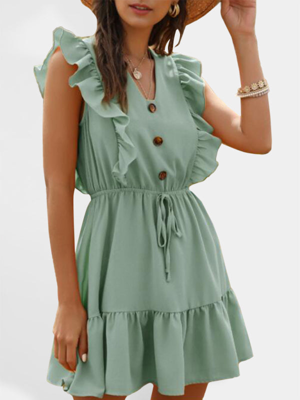 Women's Solid Color Ruffle Flutter Sleeve Mini Dress in 6 Colors - Wazzi's Wear