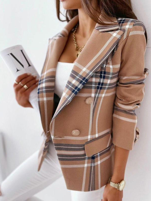 Long-Sleeved Double-Breasted Plaid Blazer in 2 Patterns - Wazzi's Wear