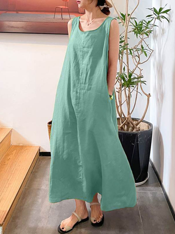 Women's Solid Crew Neck Sleeveless Maxi Dress in 4 Colors Sizes 4-20 - Wazzi's Wear