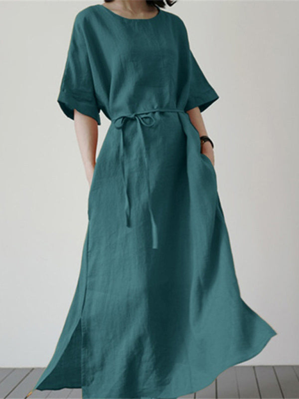 Women's Solid Waist Tie Cotton Short Sleeve Dress with Pockets in 3 Colors Sizes 4-20 - Wazzi's Wear