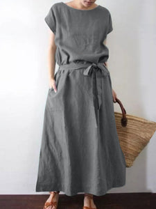 Women's Solid Short Sleeve Maxi Dress with Pockets and Waist Tie in 4 Colors Sizes 4-20