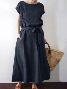 Women's Solid Short Sleeve Maxi Dress with Pockets and Waist Tie in 4 Colors Sizes 4-20