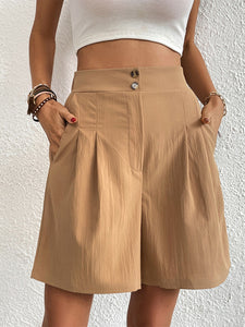 Women’s Khaki Pleated High Waist Shorts with Pockets Sizes 4-16