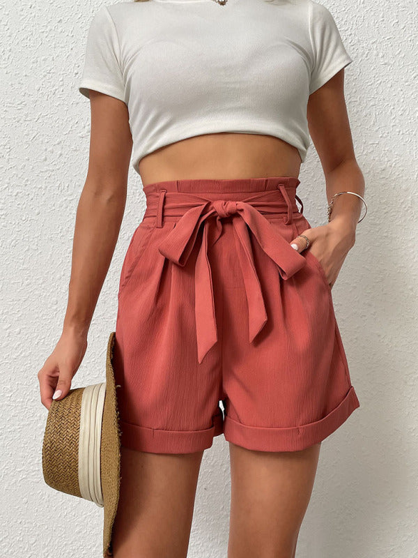 Women’s Solid Shorts with Waist Tie and Pockets - Wazzi's Wear
