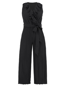 Women's Sleeveless V Neck Ruffled Pleated Jumpsuit in 5 Colors Sizes 4-12