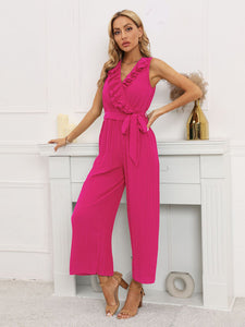 Women's Sleeveless V Neck Ruffled Pleated Jumpsuit in 5 Colors Sizes 4-12