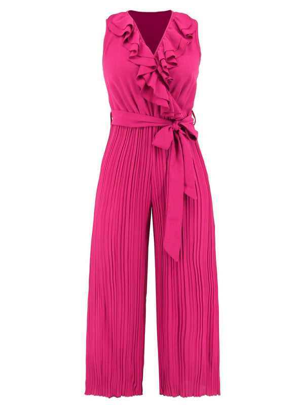 Women's Sleeveless V Neck Ruffled Pleated Jumpsuit in 5 Colors Sizes 4-12 - Wazzi's Wear