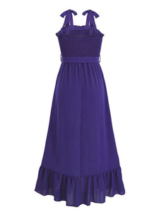 Women's Solid Smocked Midi Dress with Shoulder Ties and Ruffled Hem in 4 Colors Sizes 4-12