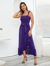 Load image into Gallery viewer, Women&#39;s Solid Smocked Midi Dress with Shoulder Ties and Ruffled Hem in 4 Colors Sizes 4-12