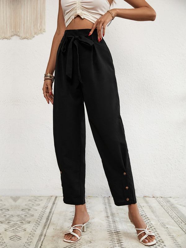 Women's Black Straight Leg Pants with Waist Tie and Decorative Buttons Sizes 4-10 - Wazzi's Wear