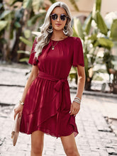 Load image into Gallery viewer, Women&#39;s Solid Ruffled Mini Dress with Flutter Sleeves and Waist Tie in 4 Colors Sizes 4-18 - Wazzi&#39;s Wear