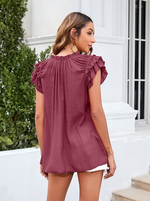 Women's Solid Ruffle Sleeve Top in 6 Colors S-2XL - Wazzi's Wear