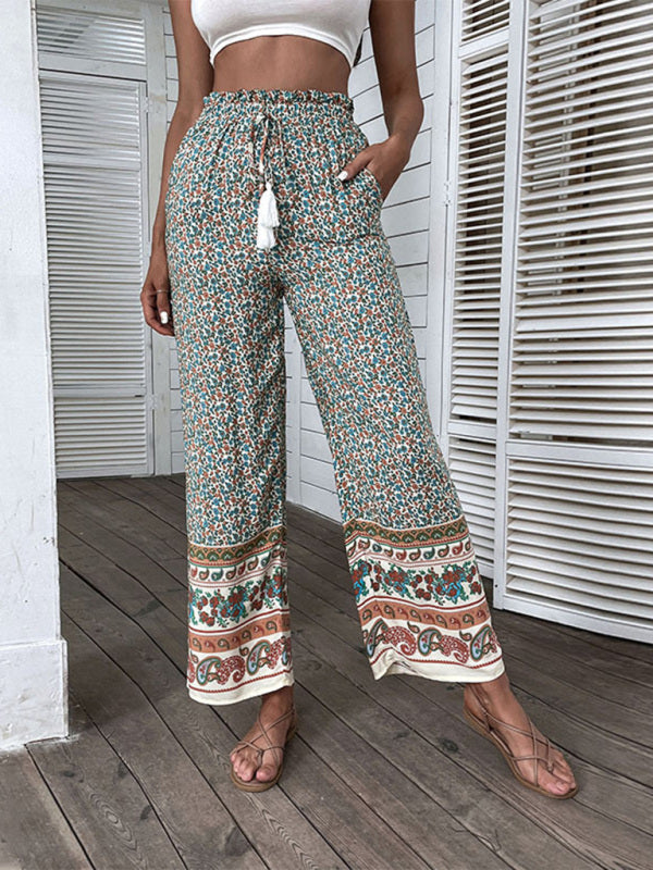 Women's Bohemian Ethnic Print Wide Leg Pants with Side Pockets Sizes 4-22 - Wazzi's Wear