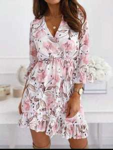 European and American sexy V-neck printed tie casual foreign trade nine-quarter-sleeve ruffled dress - Wazzi's Wear