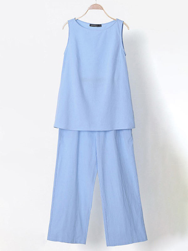 Women's Solid Crew Neck Sleeveless Linen And Cotton Top With Matching Wide-Leg Pants in 4 Colors Sizes 4-14 - Wazzi's Wear