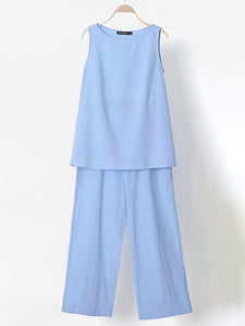 Women's Solid Crew Neck Sleeveless Linen And Cotton Top With Matching Wide-Leg Pants in 4 Colors Sizes 4-14