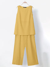 Load image into Gallery viewer, Women&#39;s Solid Crew Neck Sleeveless Linen And Cotton Top With Matching Wide-Leg Pants in 4 Colors Sizes 4-14