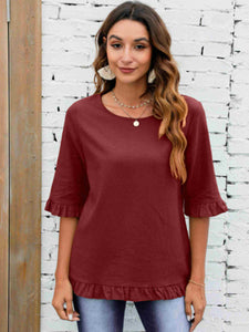 Women's Solid Round Neck Top with Ruffled Short Sleeves in 6 Colors S-5XL