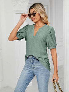 Women’s V-Neck Solid Top with Puff Short Sleeves in 12 Colors Sizes 4-12