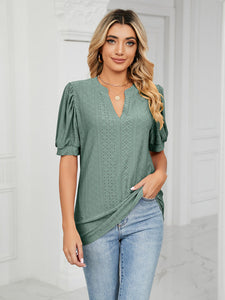 Women’s V-Neck Solid Top with Puff Short Sleeves in 12 Colors Sizes 4-12