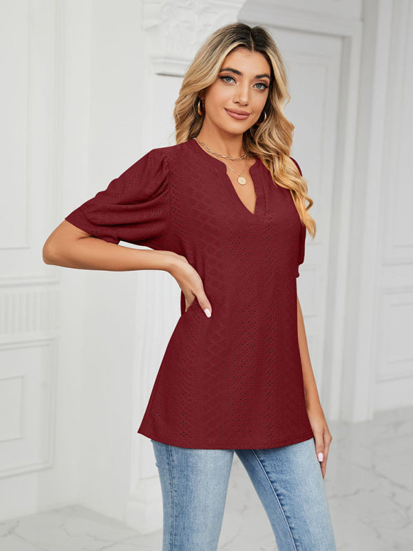 Women’s V-Neck Solid Top with Puff Short Sleeves in 12 Colors Sizes 4-12 - Wazzi's Wear