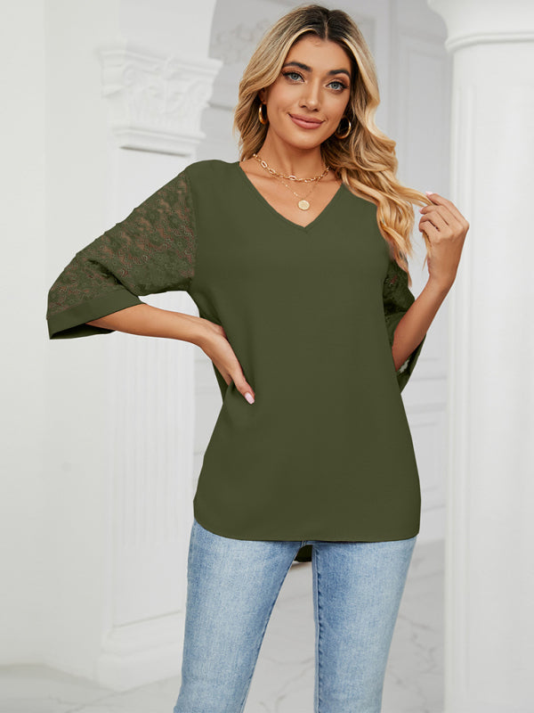 Women’s Solid V-Neck Tunic with Lace Three-Quarter Sleeves in 6 Colors Sizes 4-22 - Wazzi's Wear