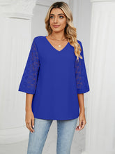Load image into Gallery viewer, Women’s Solid V-Neck Tunic with Lace Three-Quarter Sleeves in 6 Colors Sizes 4-22