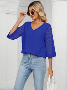 Women’s Solid V-Neck Tunic with Lace Three-Quarter Sleeves in 6 Colors Sizes 4-22