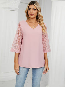 Women’s Solid V-Neck Tunic with Lace Three-Quarter Sleeves in 6 Colors Sizes 4-22