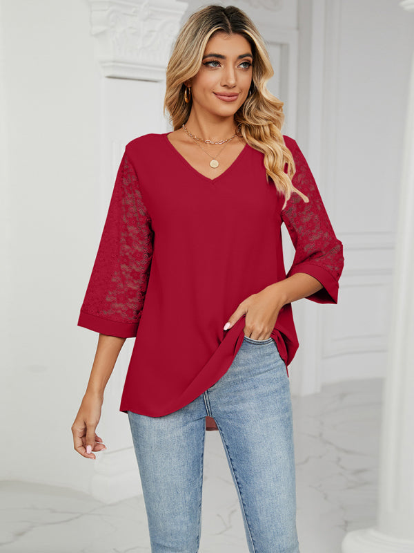 Women’s Solid V-Neck Tunic with Lace Three-Quarter Sleeves in 6 Colors Sizes 4-22 - Wazzi's Wear