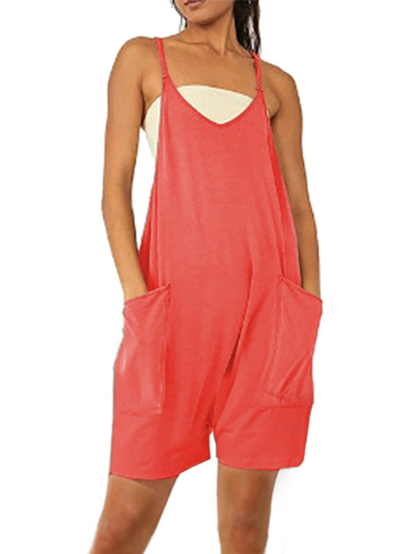 Women’s Solid Romper with Front Pockets and Back Zipper Pocket in 7 Colors Sizes 4-34 - Wazzi's Wear
